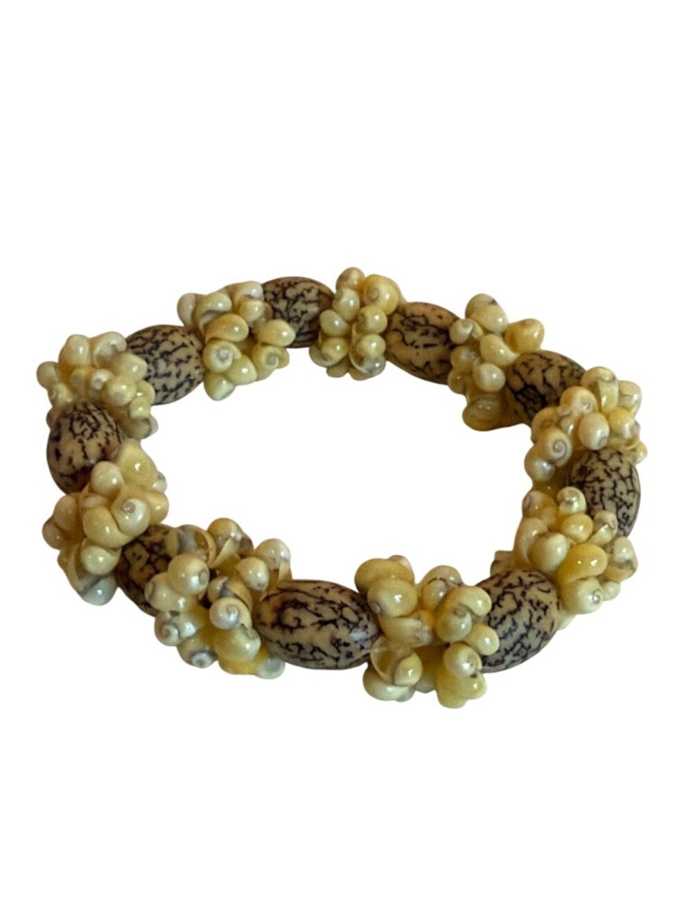 Yellow Beaded Mongo Shell Stretch Bracelet Boho Tan Yellow Chunky Artsy